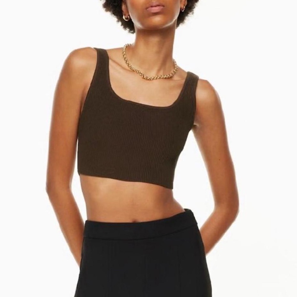 Aritzia Babaton sz Small Brown Sculpt Knit Square Neck Tank top Cropped Stretch